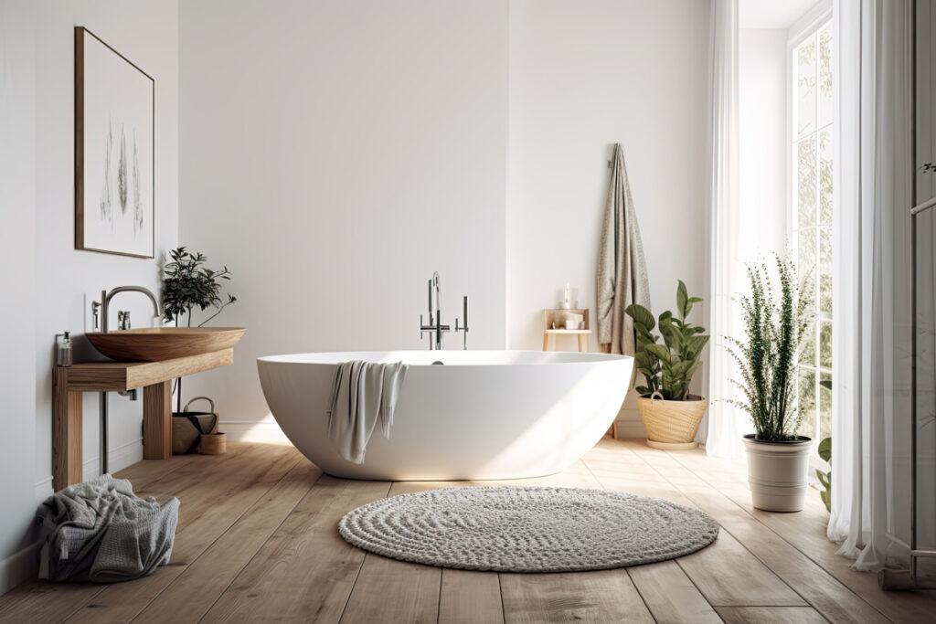 A modern bathroom with a free-standing bathtub in an El Paso model house.